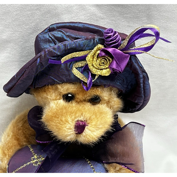 Dan Dee Brown Sitting Teddy Bear Plush Purple Hat Holding Heart Shaped Gift Box - Picture 3 of 13